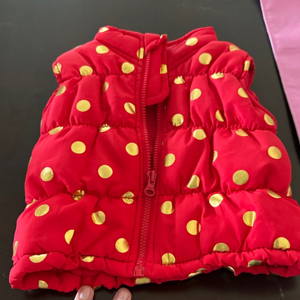 Red Puffer Vest with Gold Polka Dots